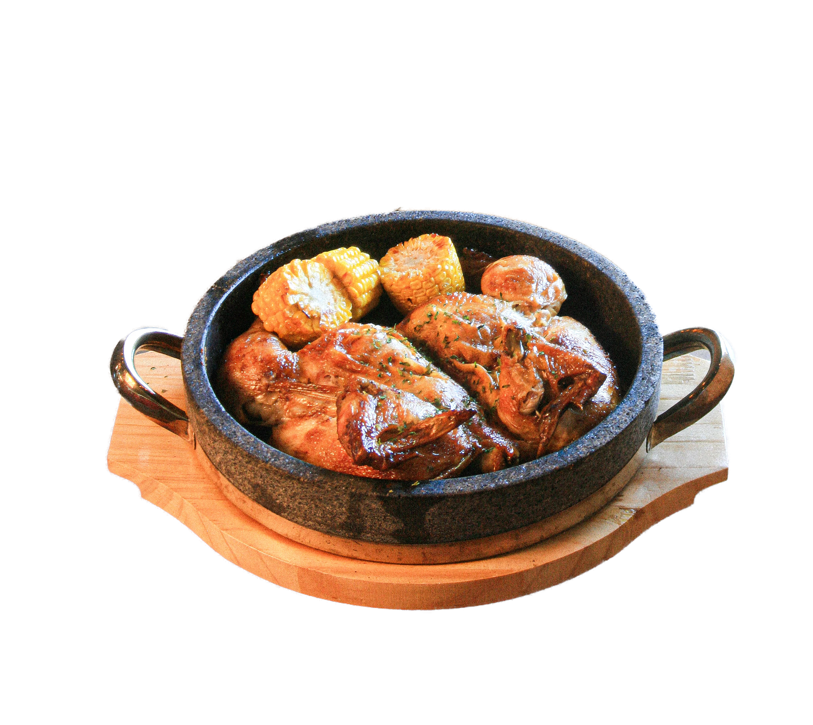 Koquio crispy rice rotisserie chicken served in a black pan